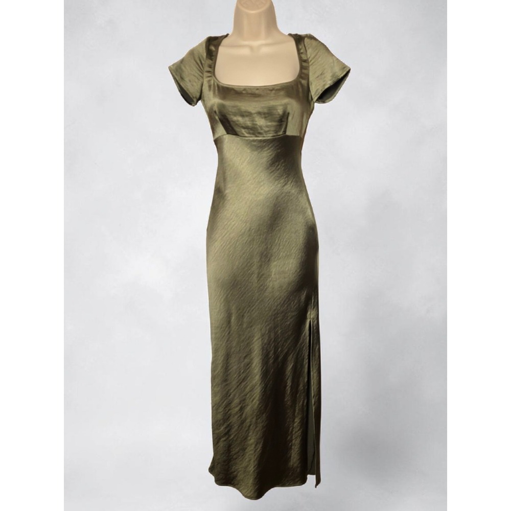 FRM DAY ONE Dress XS Sage Green Semi Formal Satin Viscose Short Sleeve Long